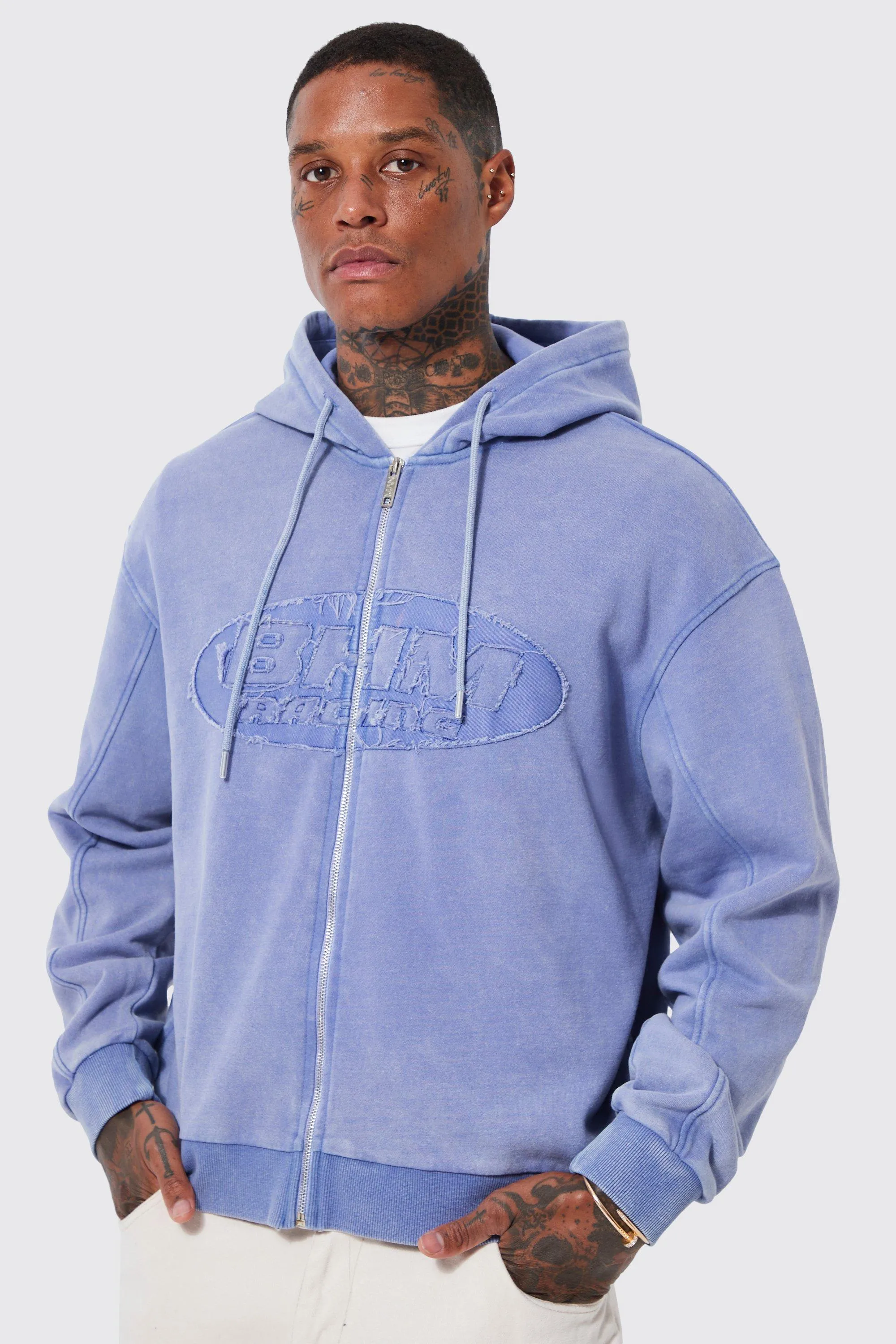 Oversized Boxy Distressed Applique Zip Hoodie | boohooMAN UK