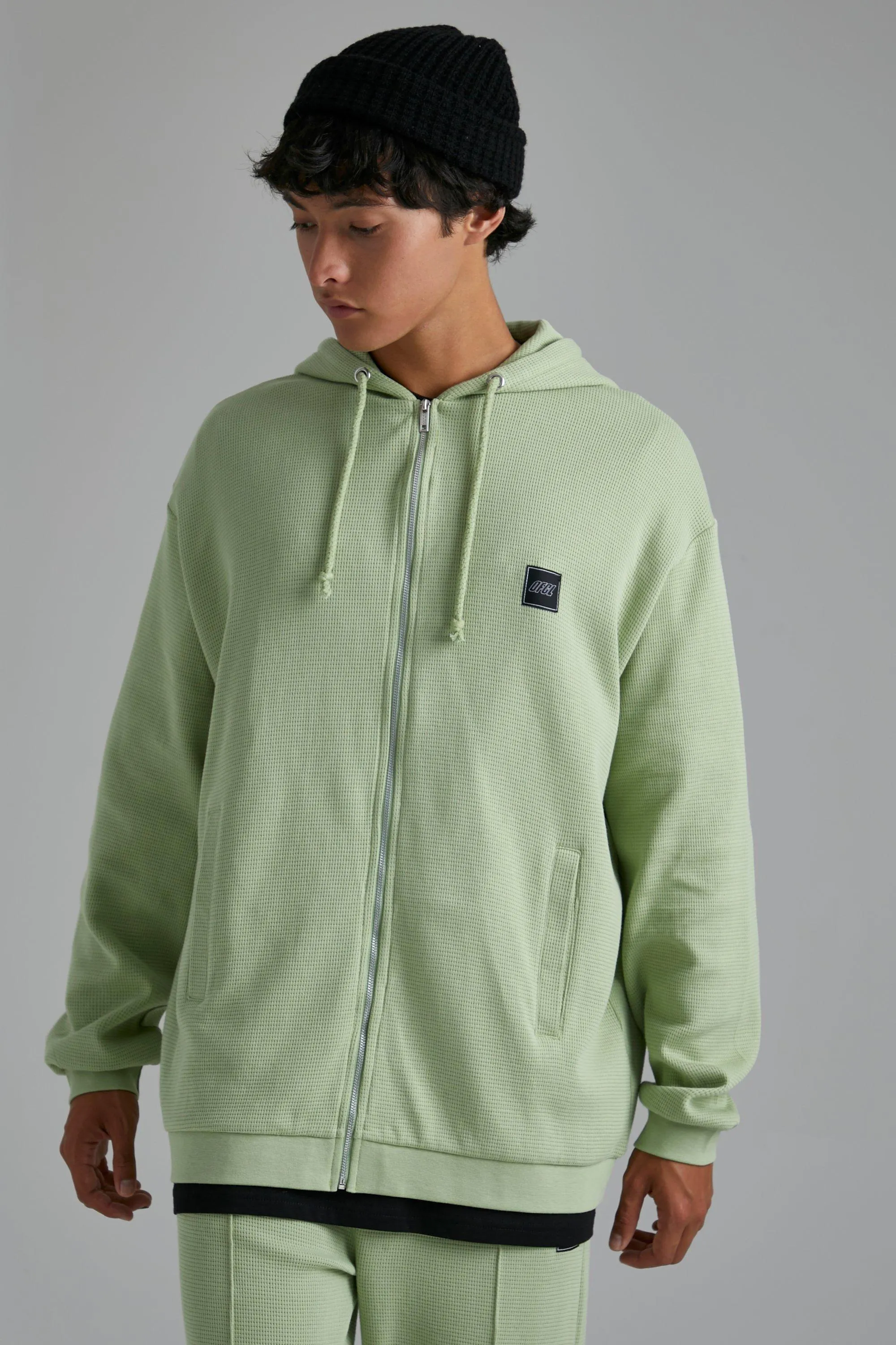 Oversized Waffle Zip Through Hoodie | boohooMAN UK