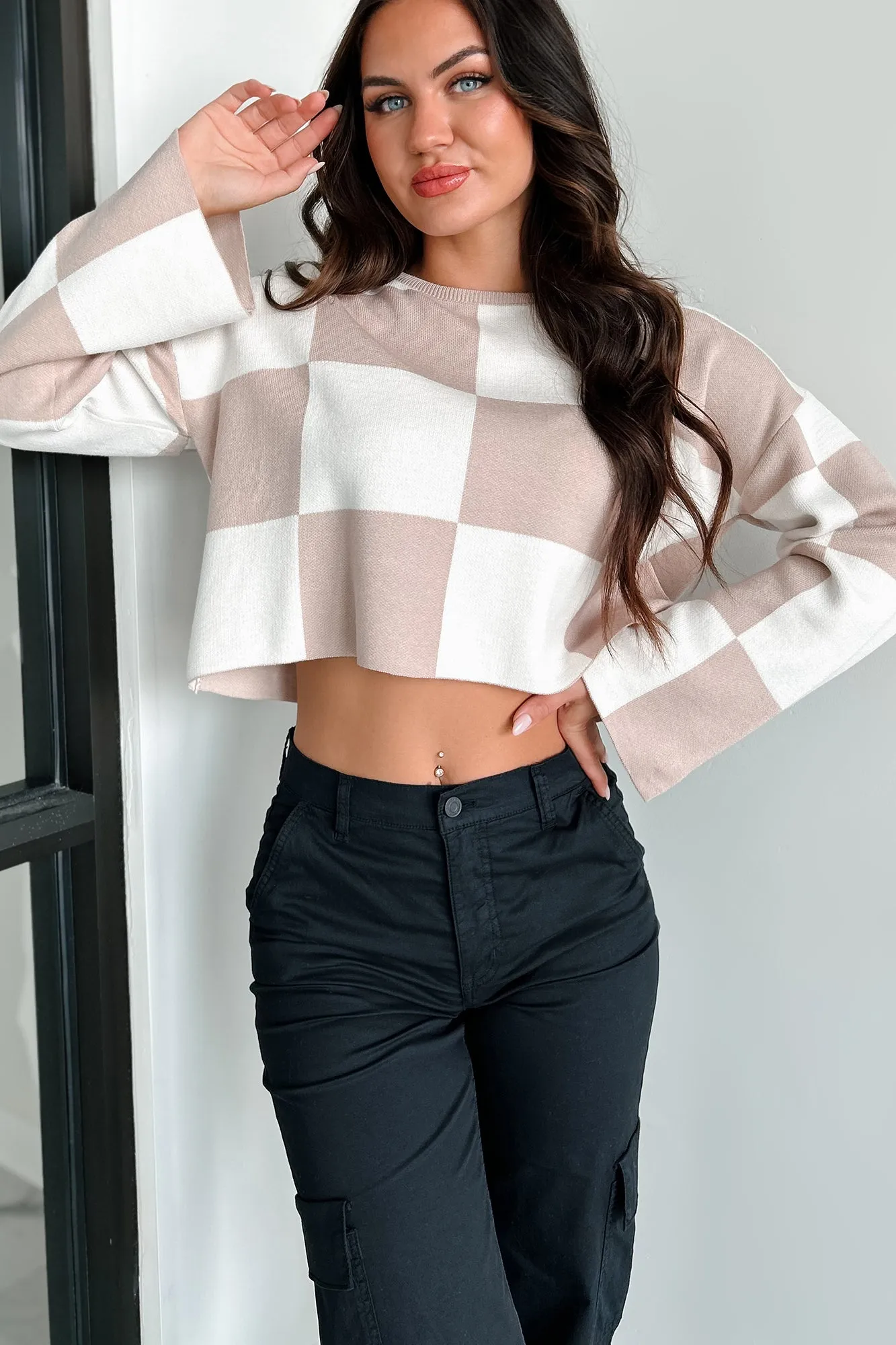 Pascha Sweater Knit Checkered Top (Taupe)