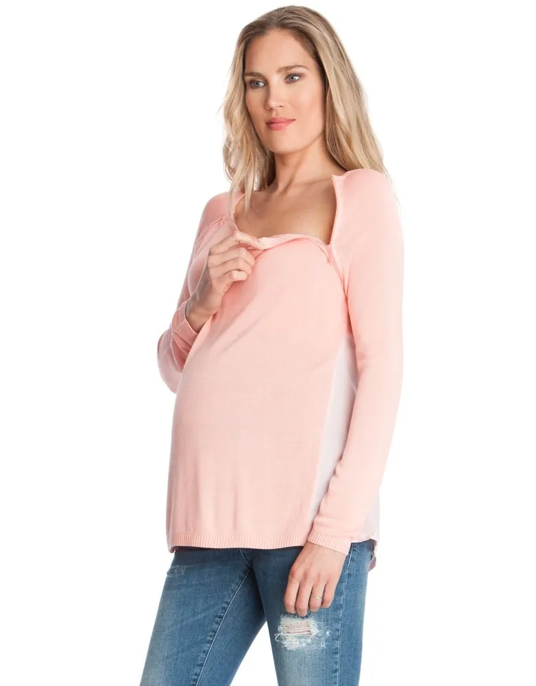 Peach Woven Back Maternity & Nursing Sweater