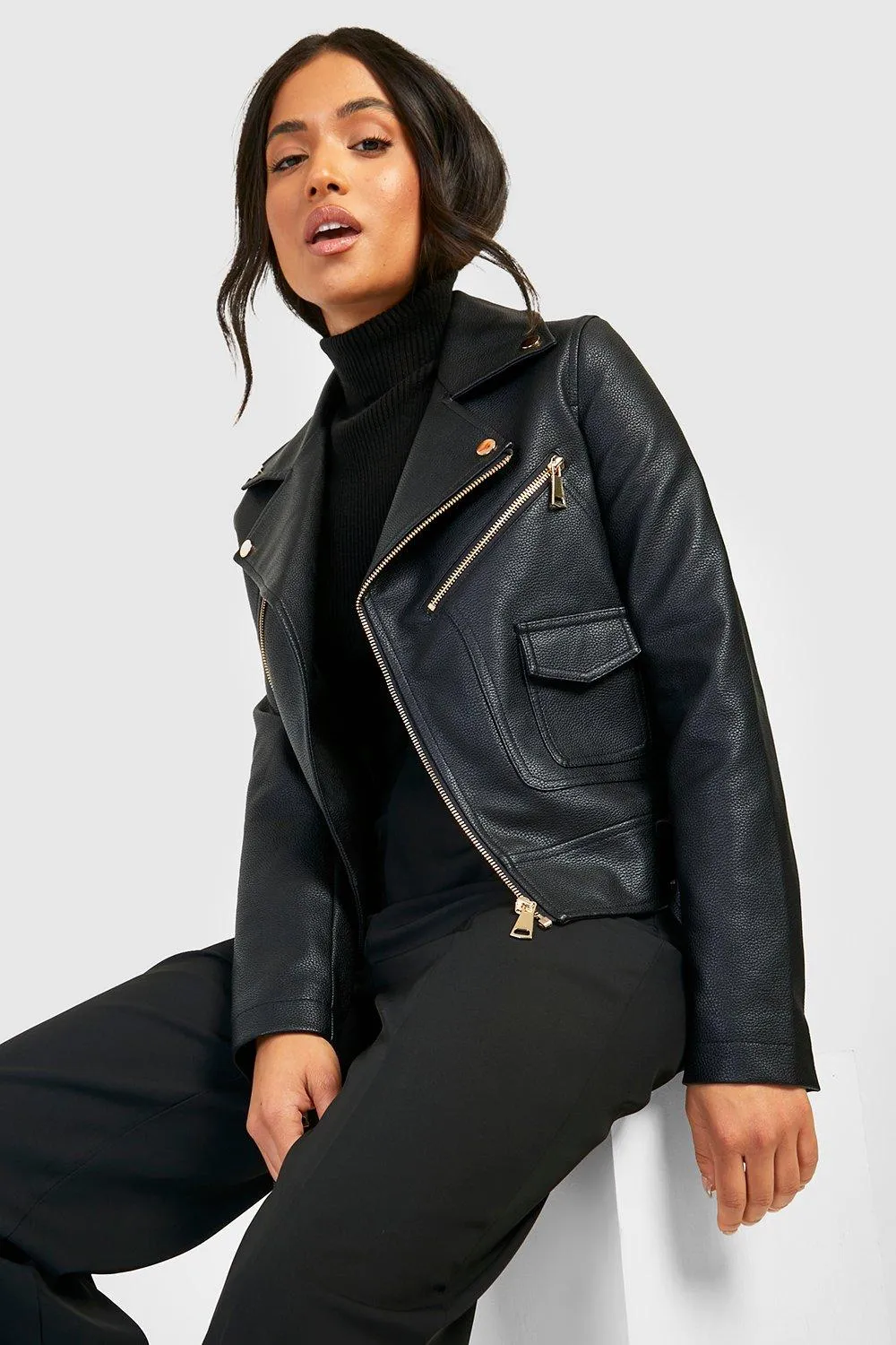 Petite Zip Detail Faux Leather Moto Jacket