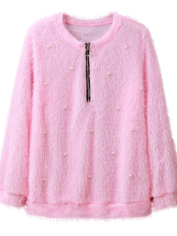 Pink Teddy Textured Quarter Zip Fleece Sweatshirt for Women