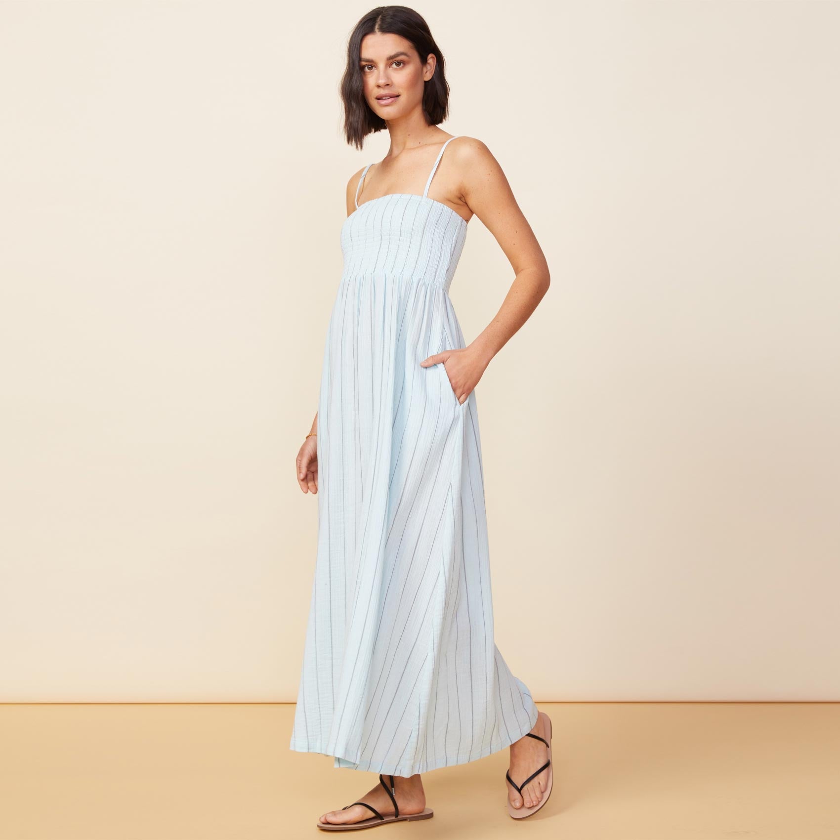 Pinstripe Gauze Smocked Maxi Dress