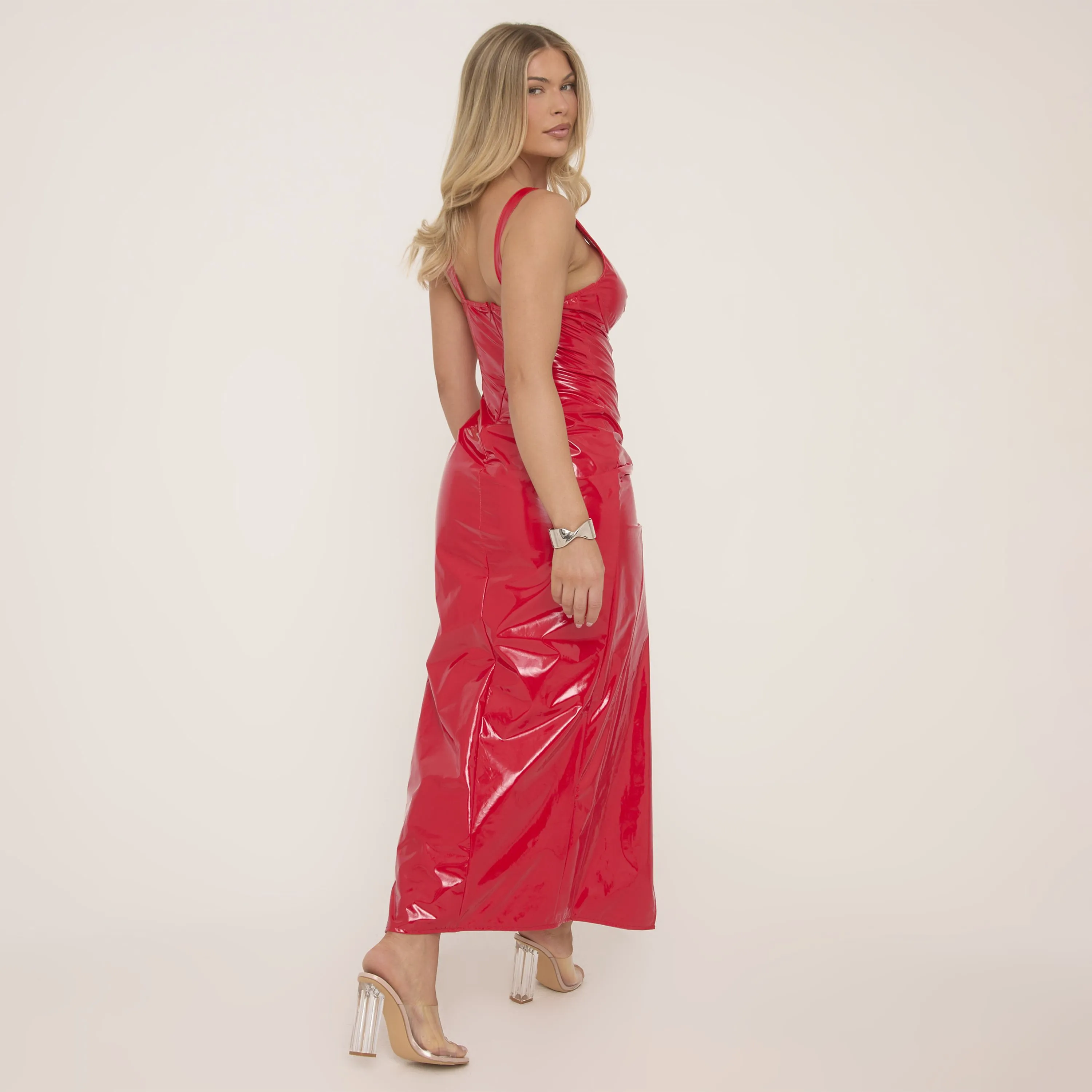 Plunge Underwired Side Split Maxi Dress In Red Vinyl