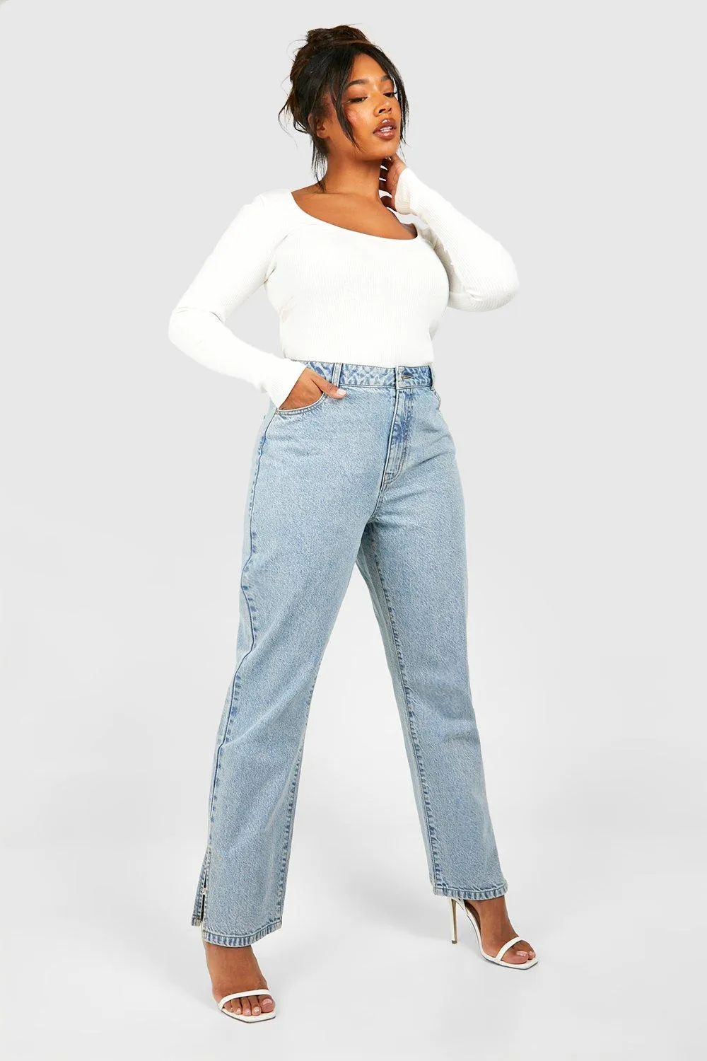 Plus Basics Split Hem Straight Leg Jeans