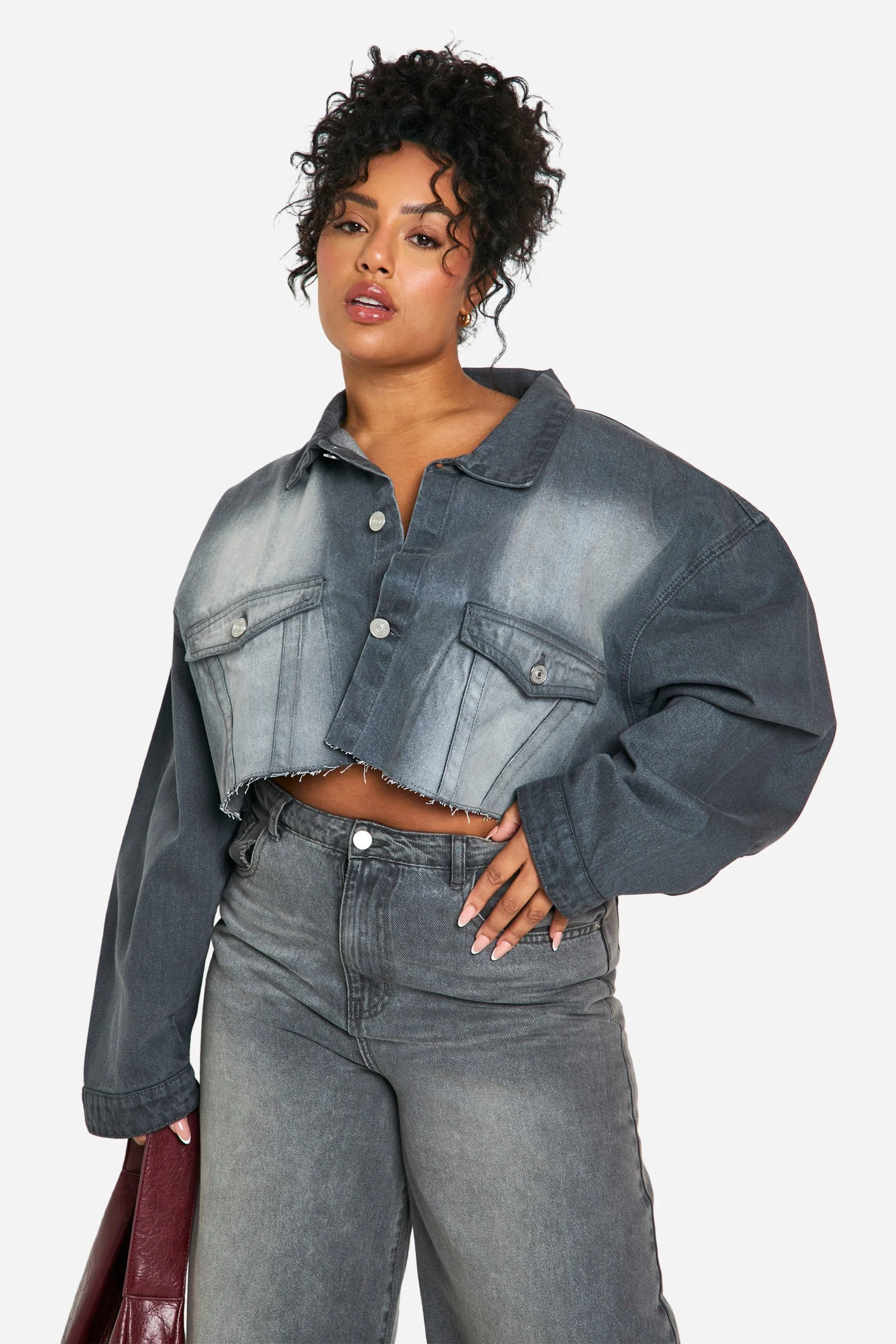 Plus Denim Washed Cropped Jacket