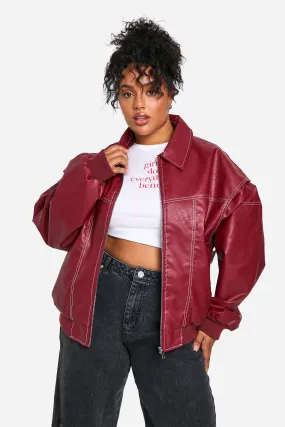 Plus Pu Contrast Stitch Oversized Bomber Jacket