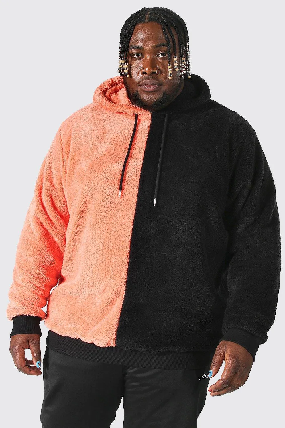 Plus Vertical Spliced Borg Hoodie | boohooMAN UK