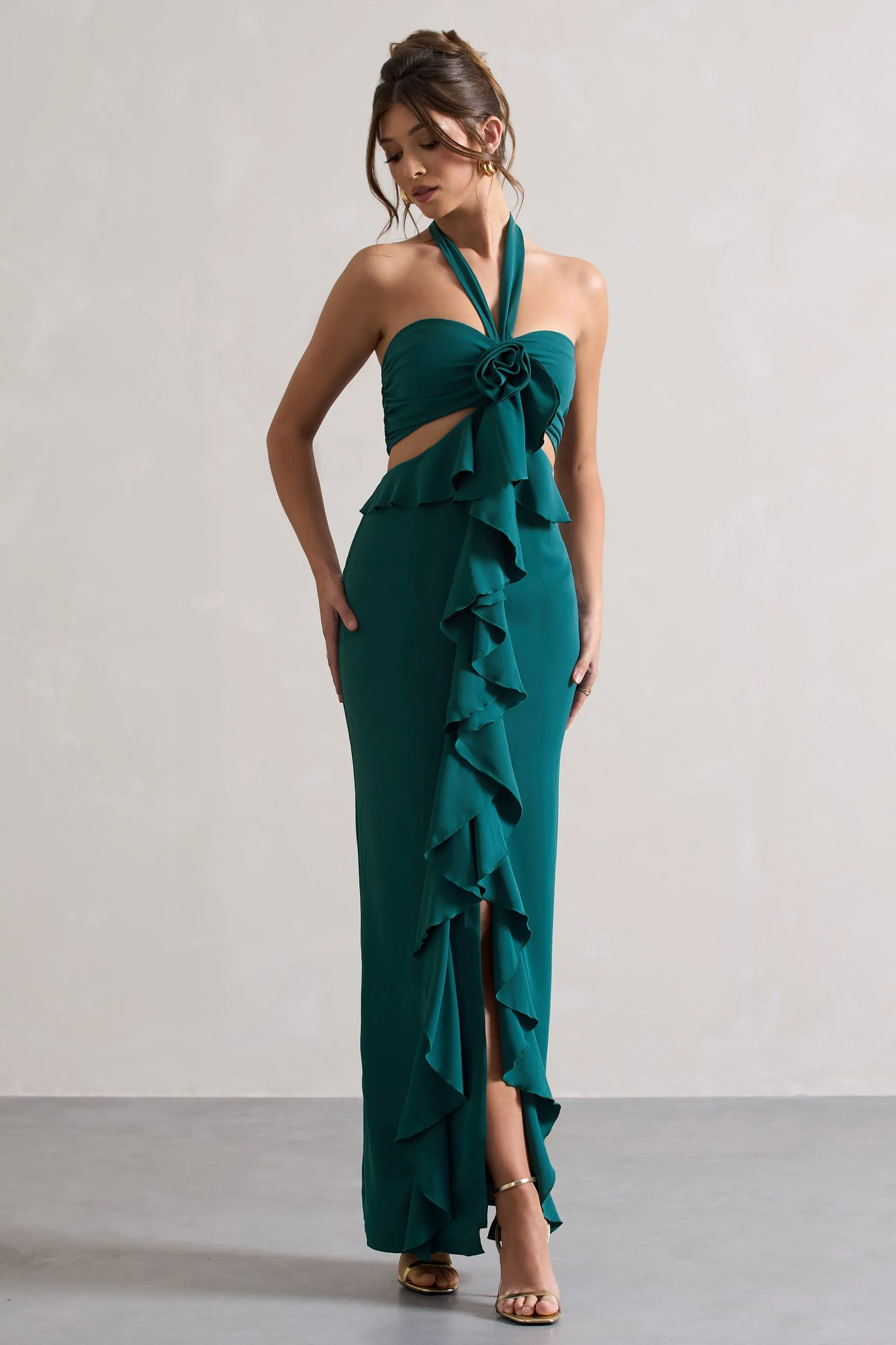 Powerful | Petrol Blue Cut-Out Halter-Neck Maxi Dress With Flower & Ruffles