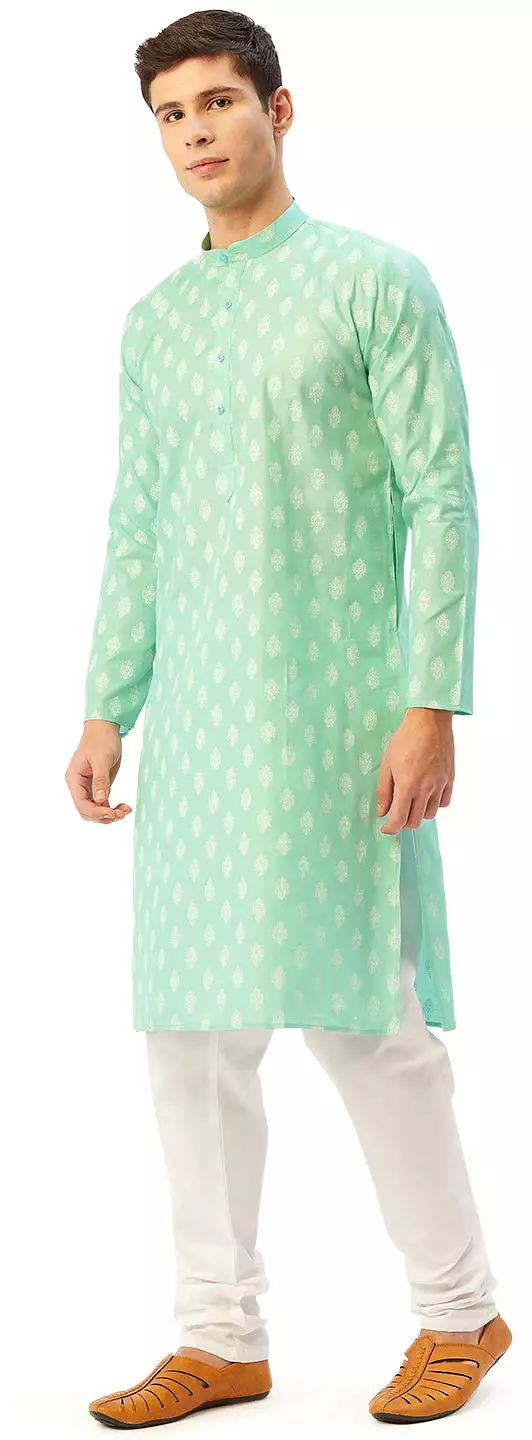 Printed Casual Wear Men's Cotton Kurta Pyjama India Apparel (Green)