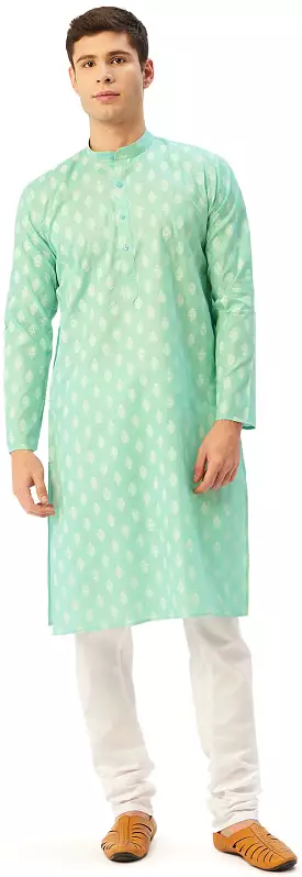 Printed Casual Wear Men's Cotton Kurta Pyjama India Apparel (Green)