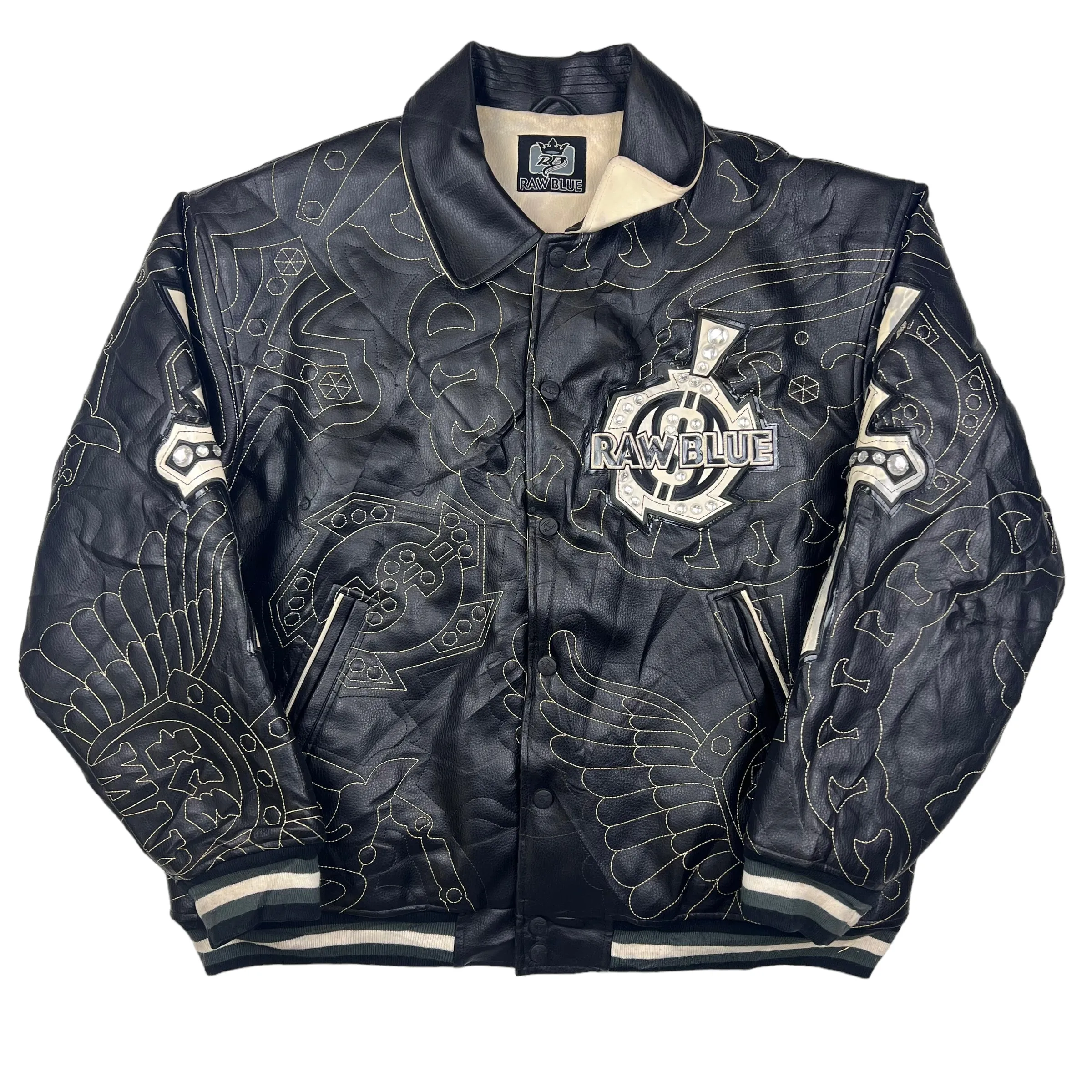 Raw Blue Black Leather Varsity Jacket