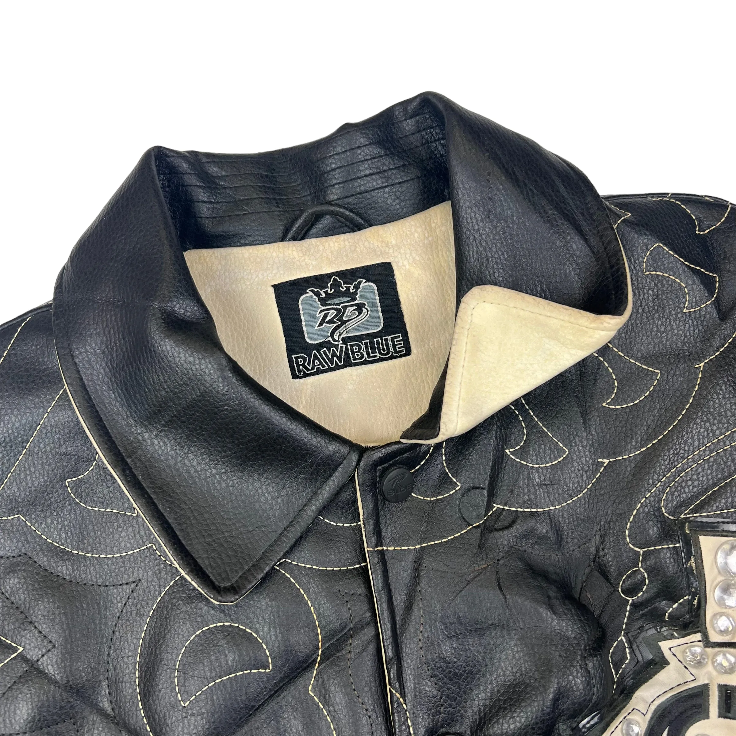 Raw Blue Black Leather Varsity Jacket