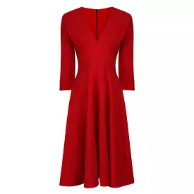 Red Deep V Neck 3/4 Sleeve Rockabilly 50s Swing Dress