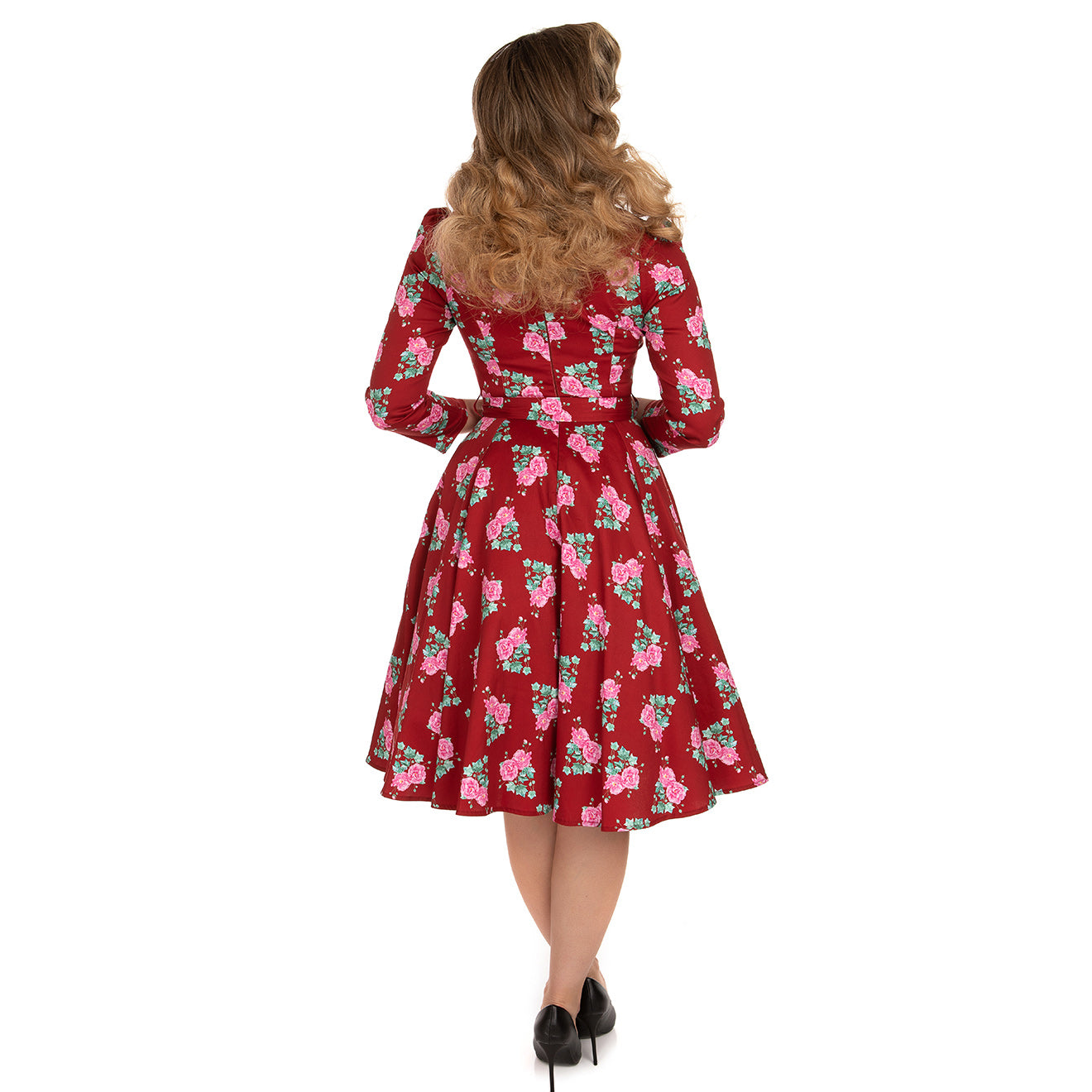 Red Floral 3/4 Sleeve Collar V Neck 50s Swing Tea Dress