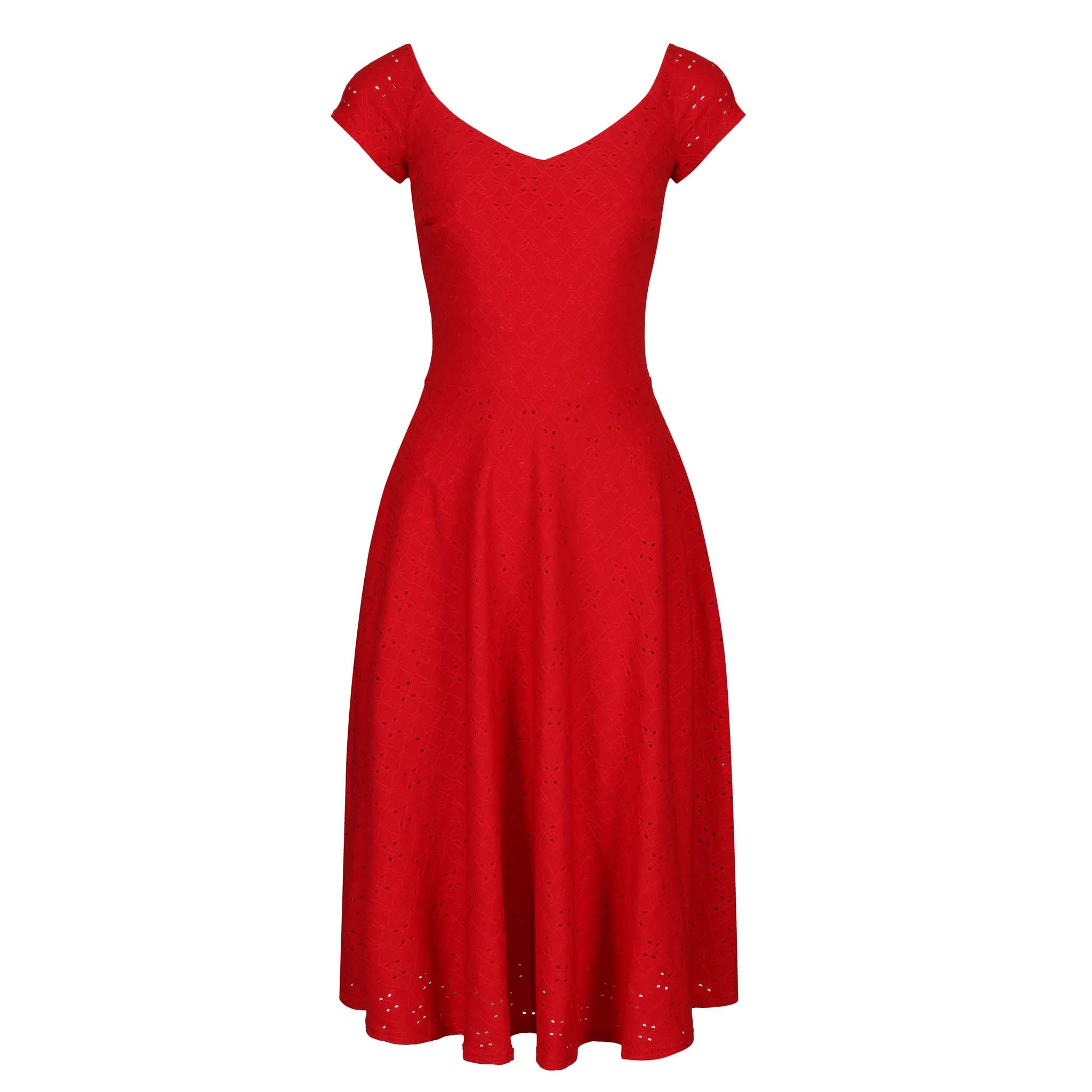 Red Pointelle Cap Sleeve V Neck Swing Dress