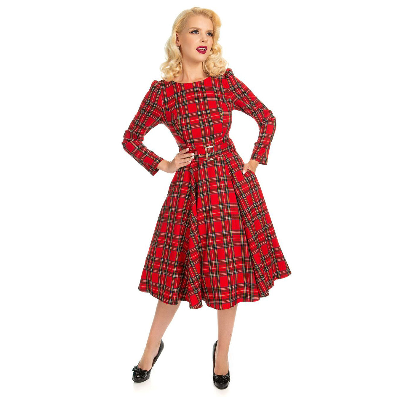 Red Tartan Long Sleeve Burns Night & Rockabilly Style Swing Dress