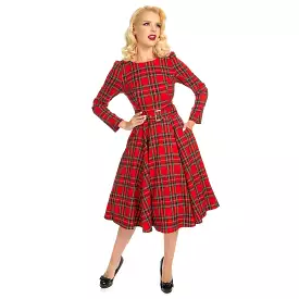 Red Tartan Long Sleeve Burns Night & Rockabilly Style Swing Dress