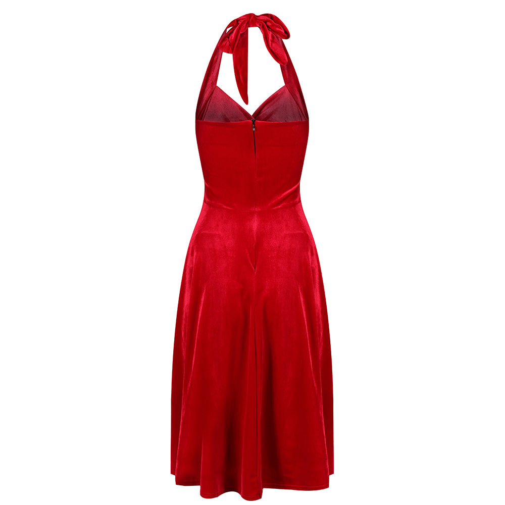 Red Velour Halterneck Empire Waist 50s Swing Dress