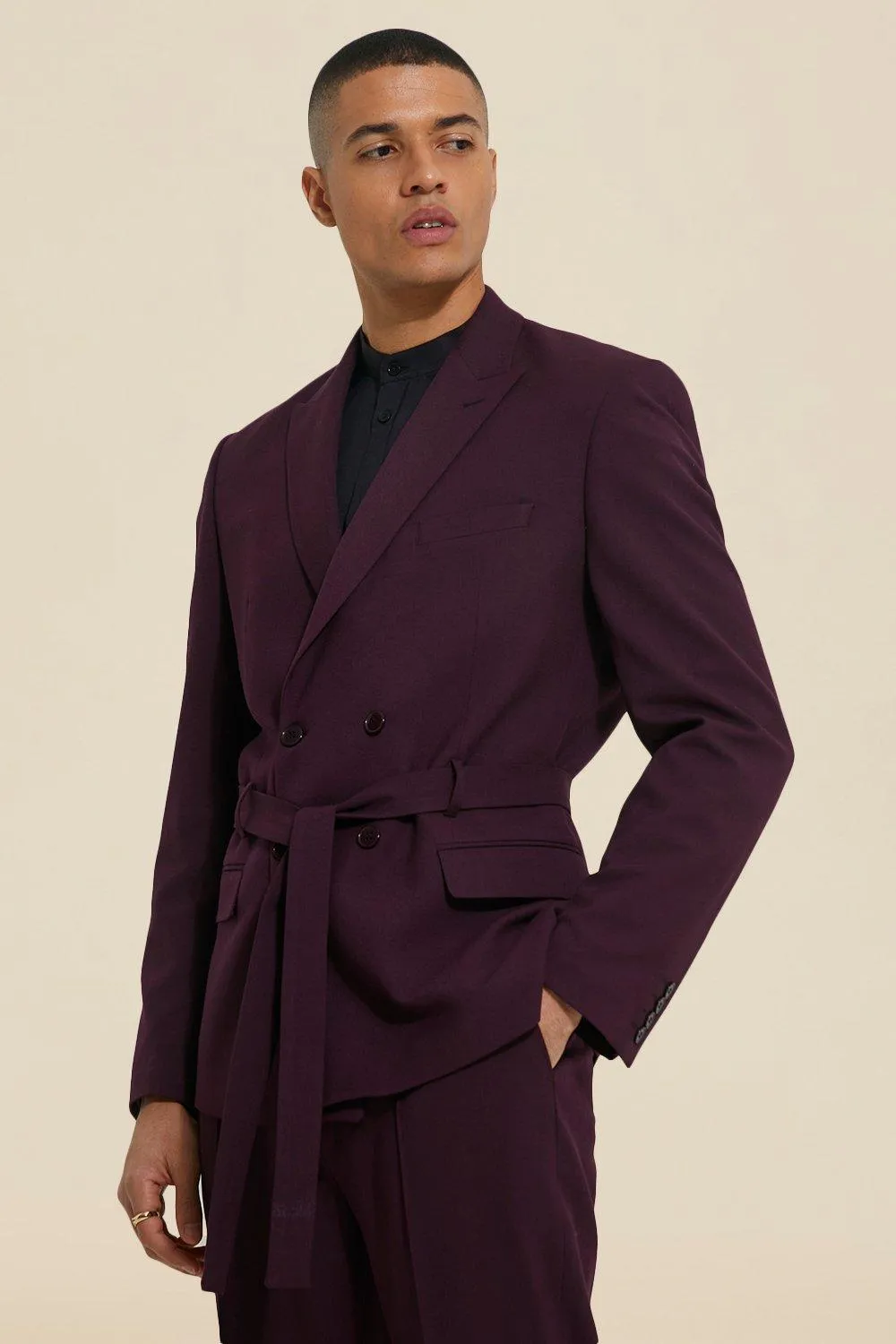 Relaxed Double Breasted Suit Jacket With Belt