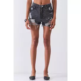 Ripped High-waist Front Zip-up Raw Hem Detail Distressed Mini Shorts