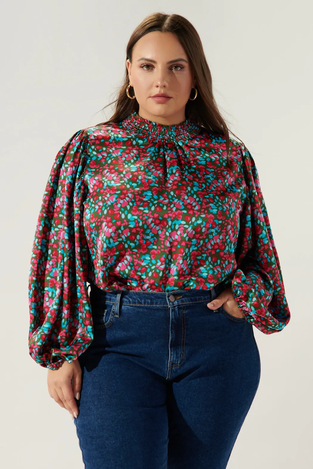 Sereia Floral Figaro Balloon Sleeve Satin Blouse Curve