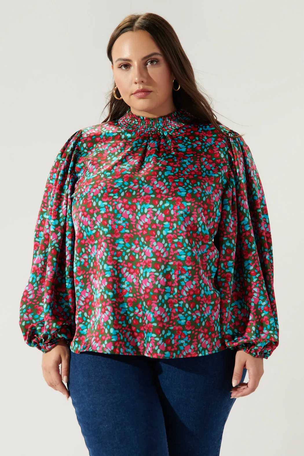 Sereia Floral Figaro Balloon Sleeve Satin Blouse Curve