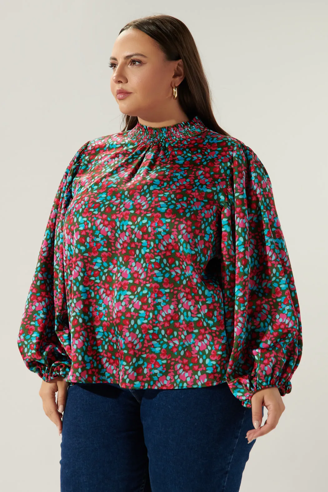 Sereia Floral Figaro Balloon Sleeve Satin Blouse Curve