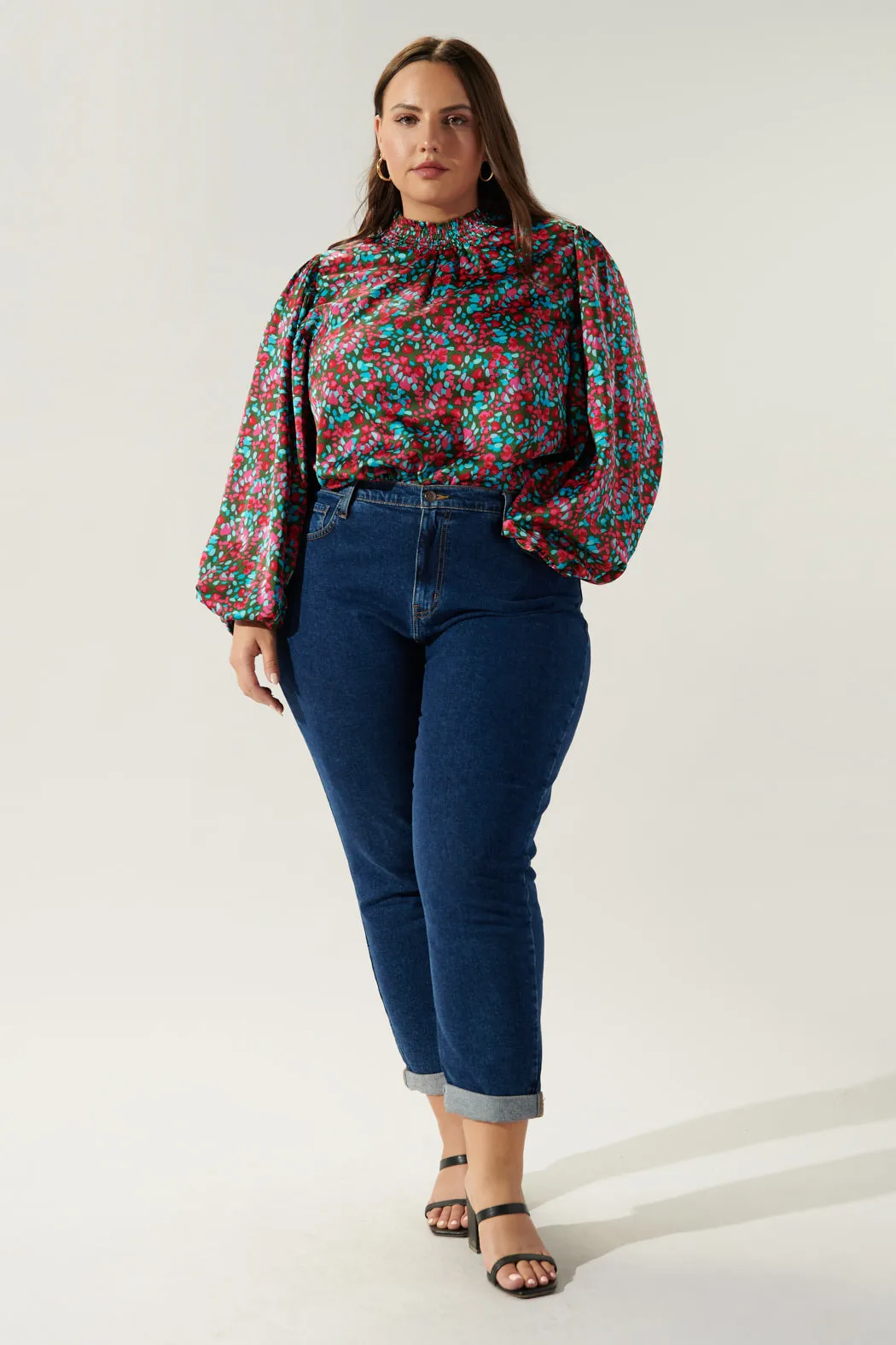 Sereia Floral Figaro Balloon Sleeve Satin Blouse Curve