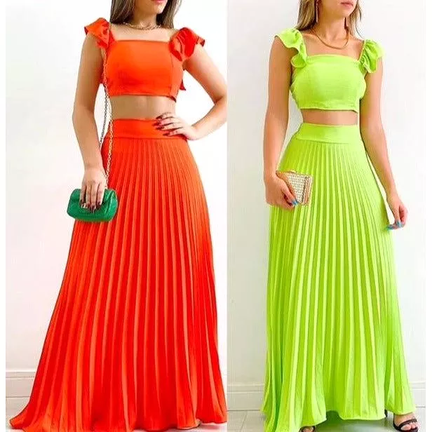 Sexy Pleated Skirt and Square Neck Top Set