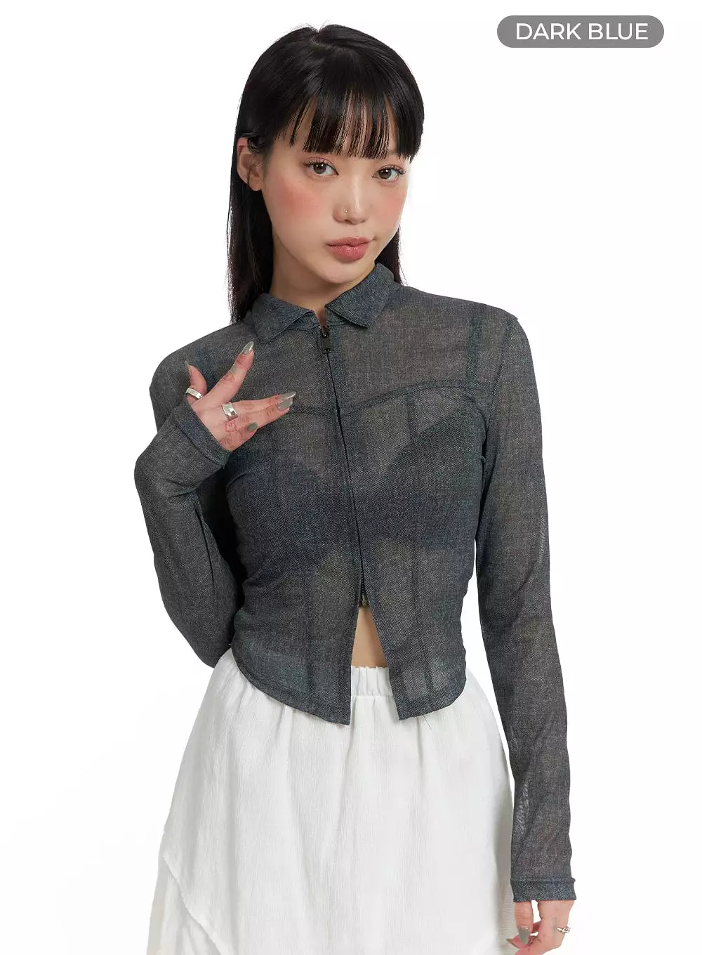 Sheer Zip-Up Crop Denim Jacket IF423