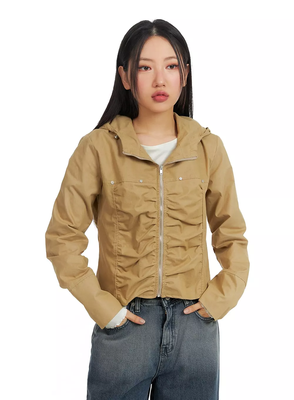 Shirring Hooded Zip-Up Bomber Jacket CF408