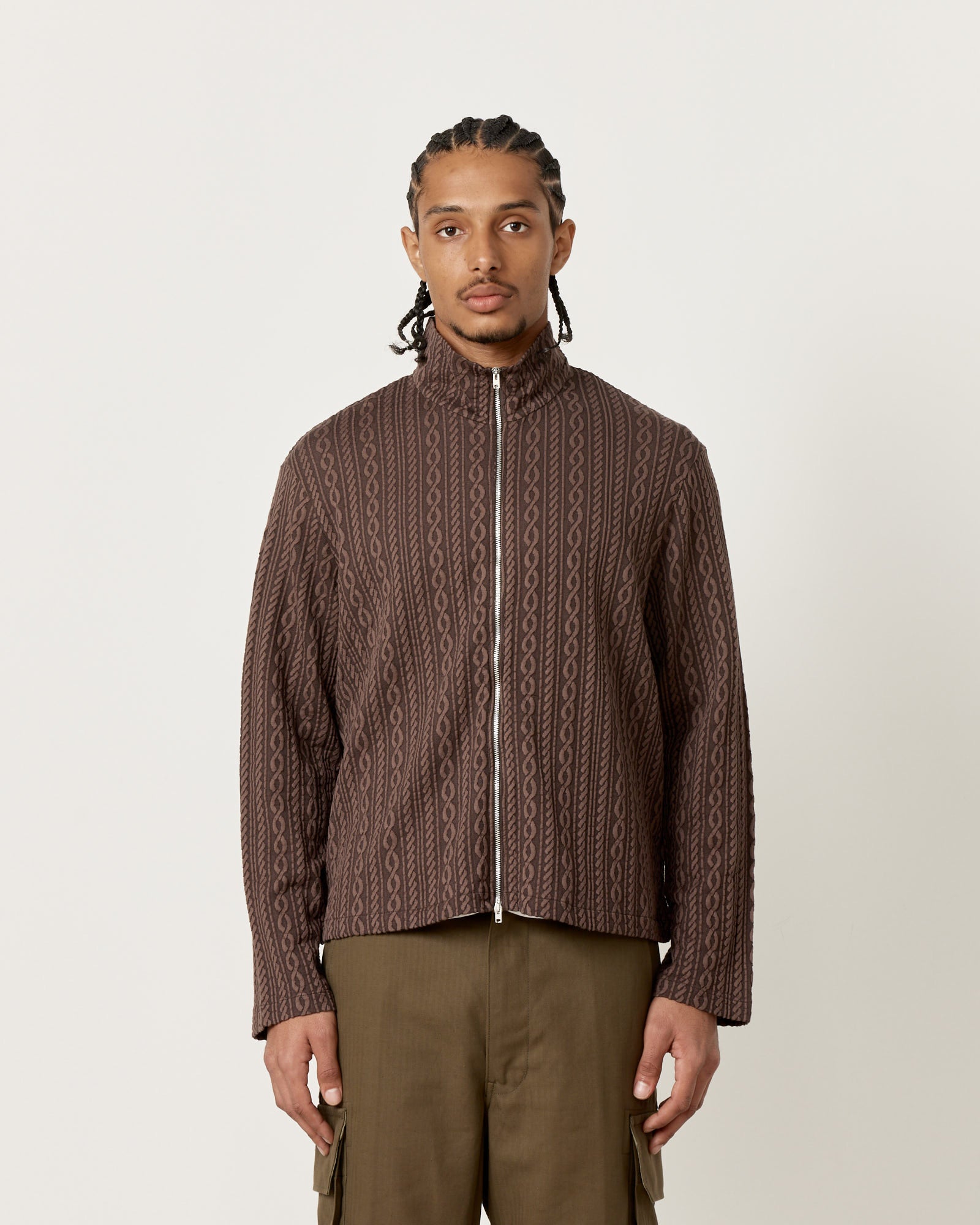 Shrunken Full Zip Polo in Indulgent Choco Cable Jacquard