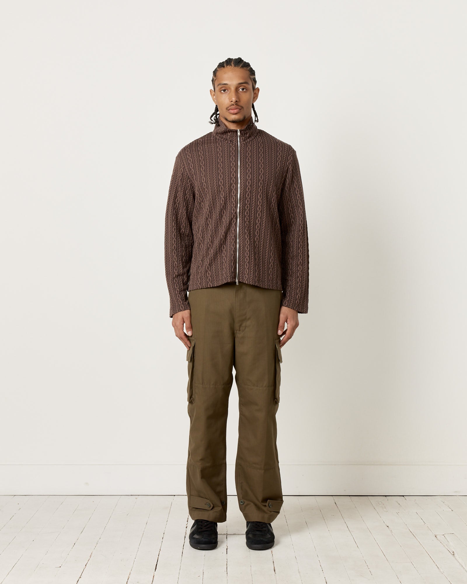 Shrunken Full Zip Polo in Indulgent Choco Cable Jacquard