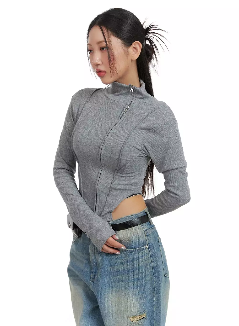 Side Zip-Up Turtle Neck Crop Top CA416