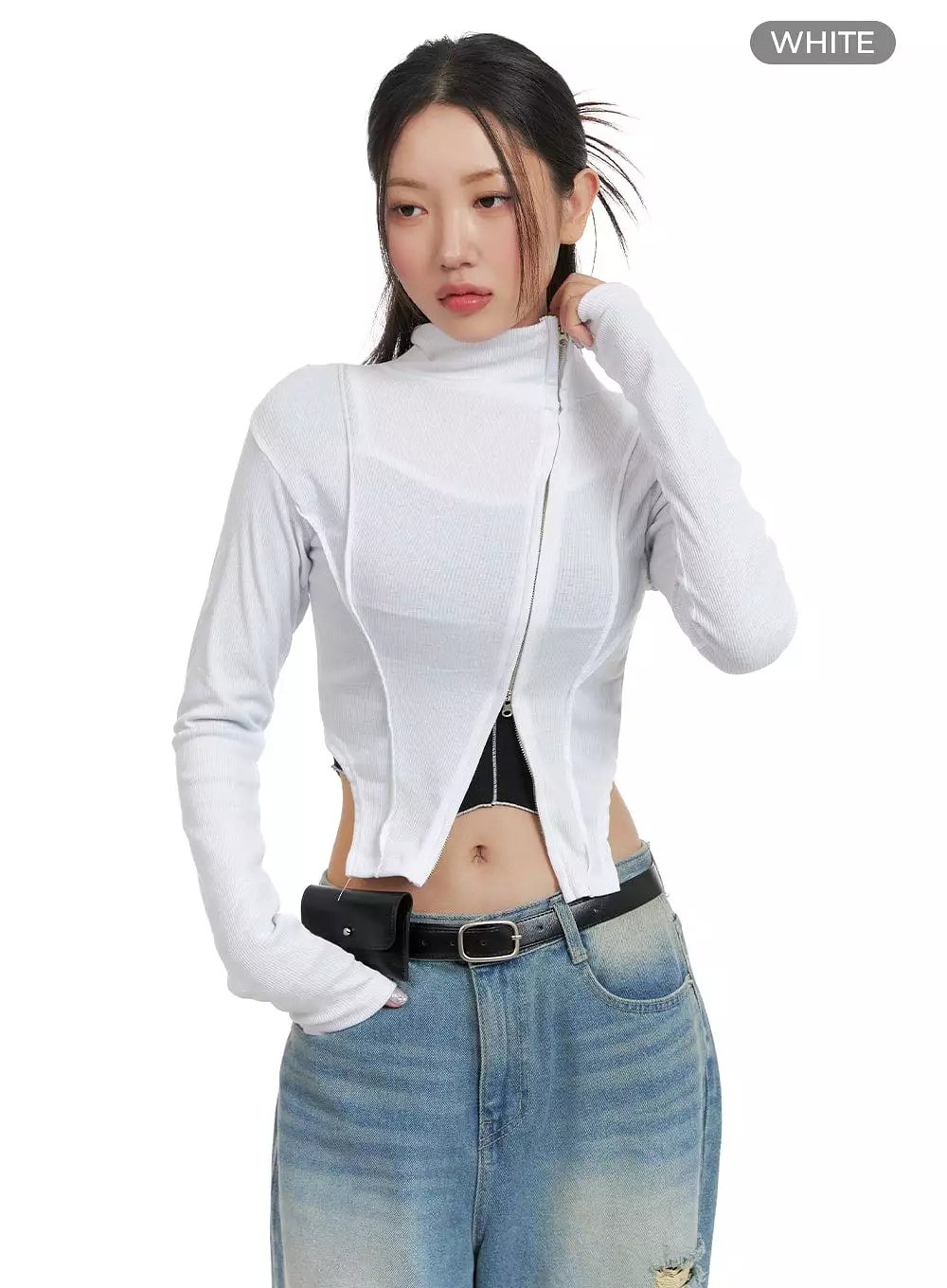 Side Zip-Up Turtle Neck Crop Top CA416