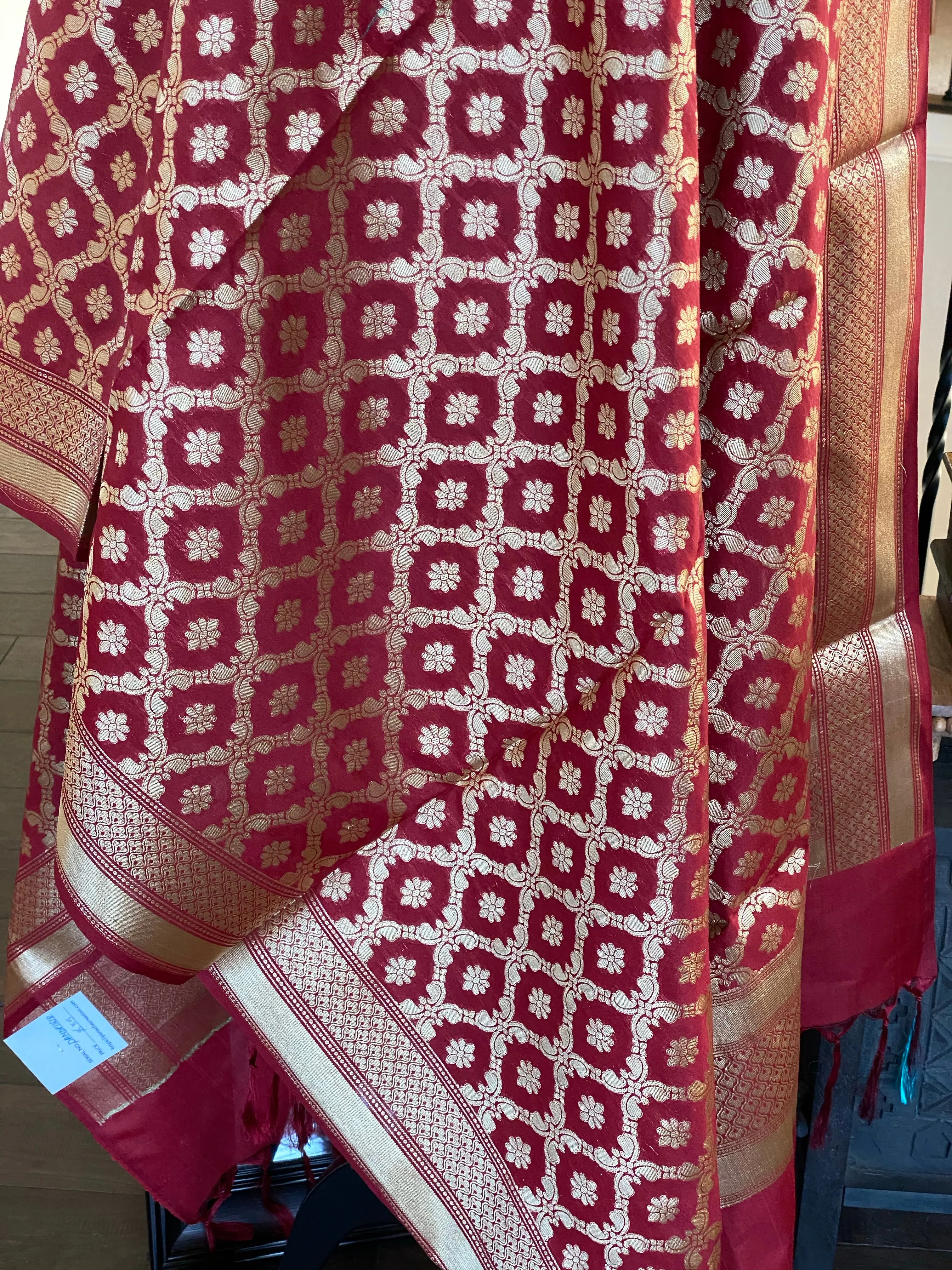 Silk Cotton Dupatta - Maroon Golden Zari