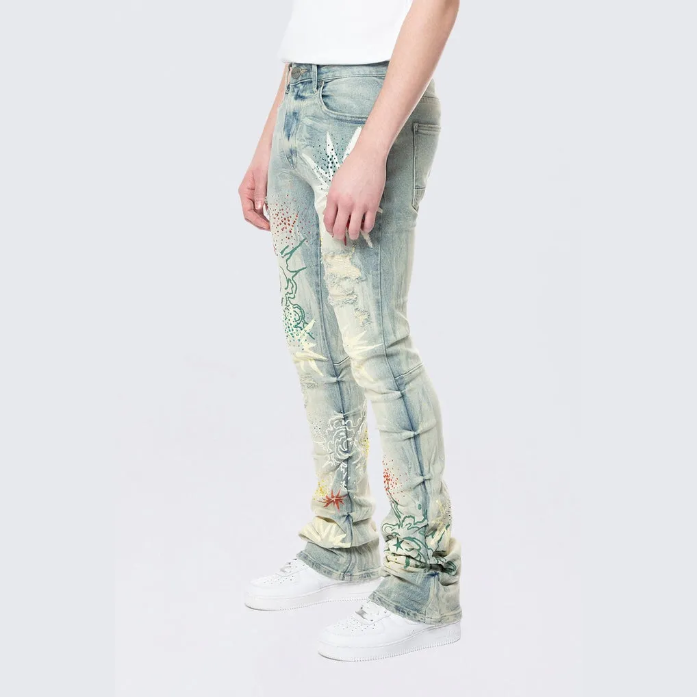 Stacked Flared Pinched Rhinestone Jeans - Seville Blue