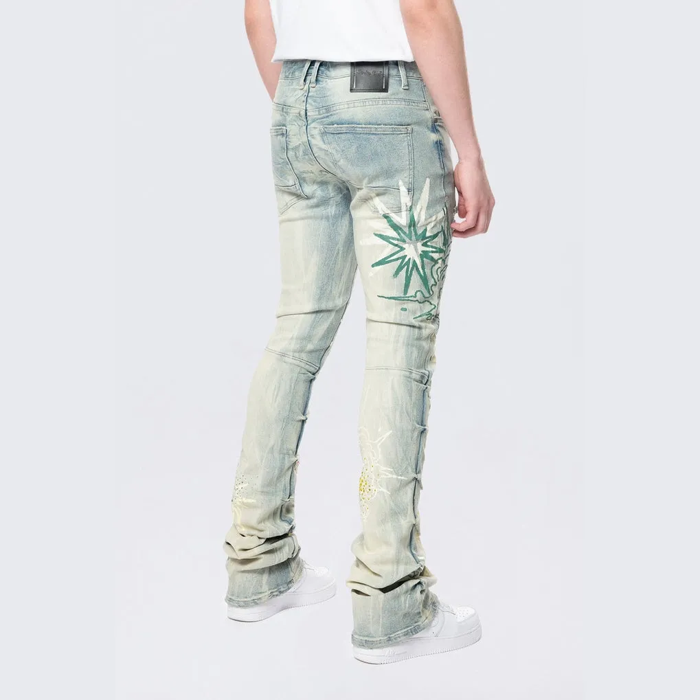 Stacked Flared Pinched Rhinestone Jeans - Seville Blue