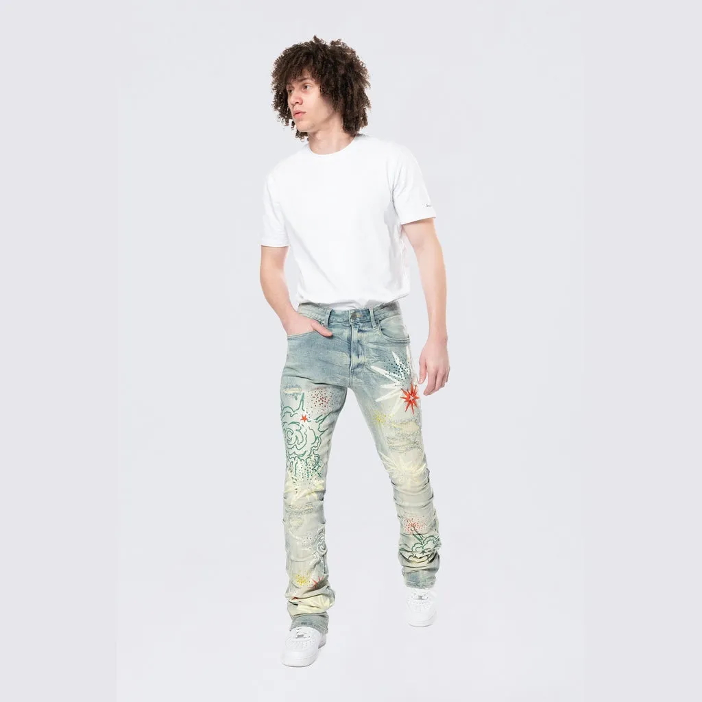 Stacked Flared Pinched Rhinestone Jeans - Seville Blue