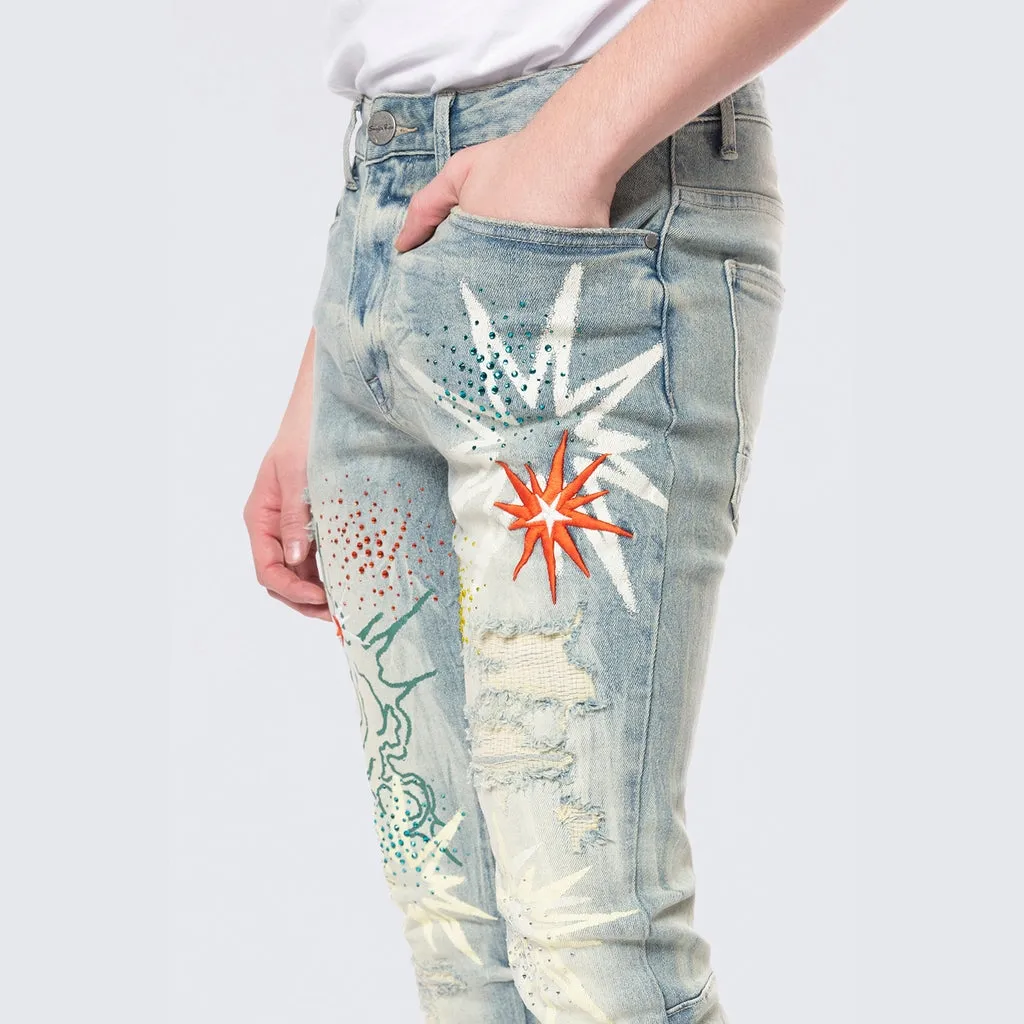 Stacked Flared Pinched Rhinestone Jeans - Seville Blue