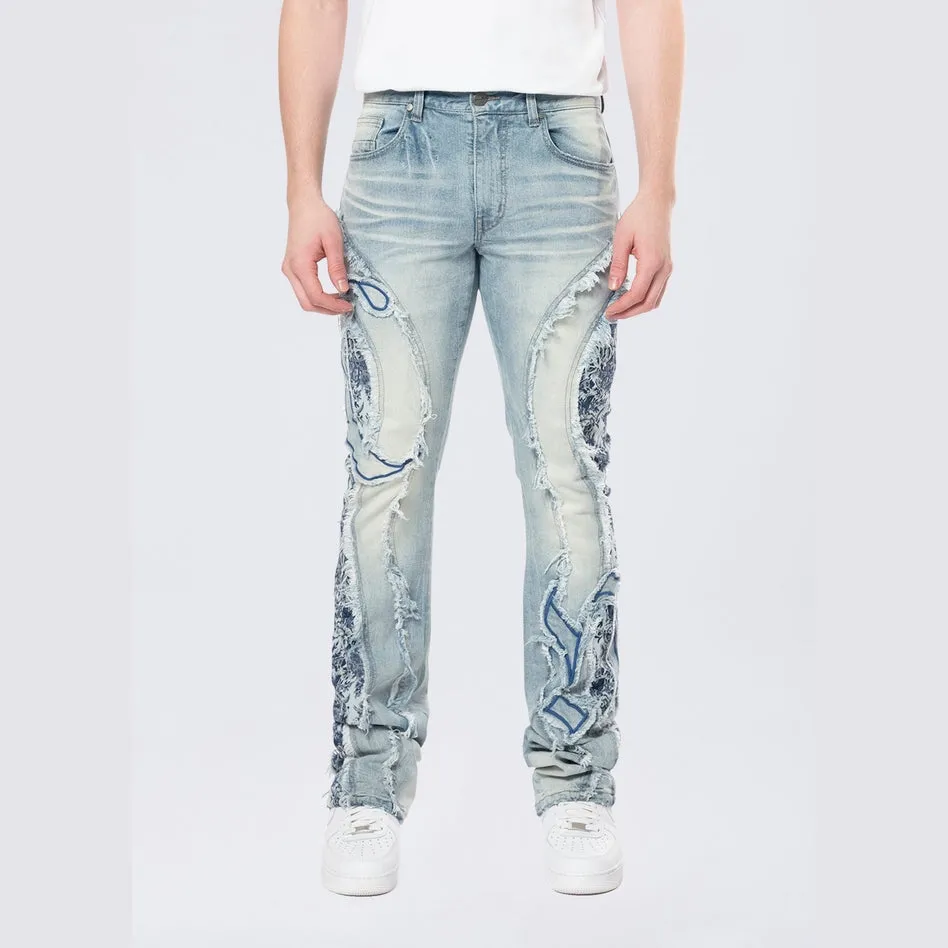 Stacked Pinched Flared Tapestry Paneled Jeans - Montauk Blue