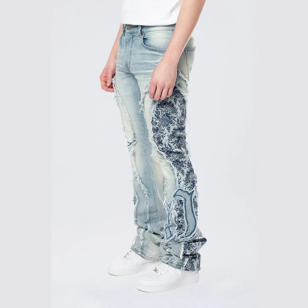 Stacked Pinched Flared Tapestry Paneled Jeans - Montauk Blue