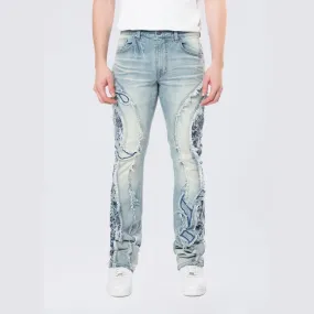 Stacked Pinched Flared Tapestry Paneled Jeans - Montauk Blue