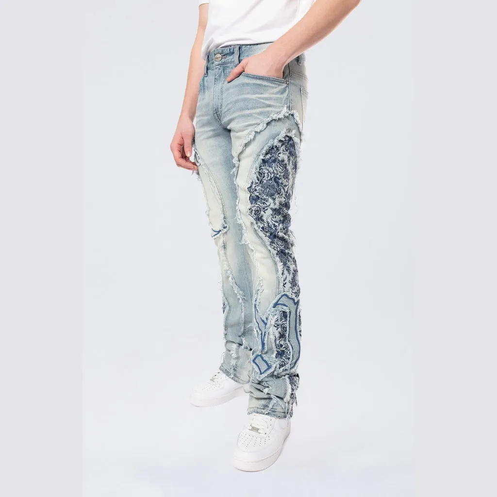 Stacked Pinched Flared Tapestry Paneled Jeans - Montauk Blue