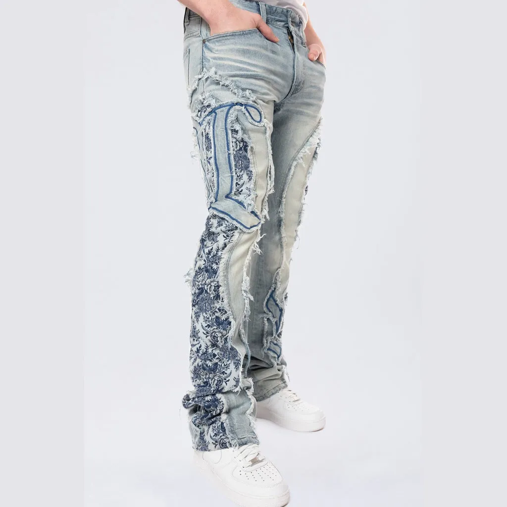 Stacked Pinched Flared Tapestry Paneled Jeans - Montauk Blue