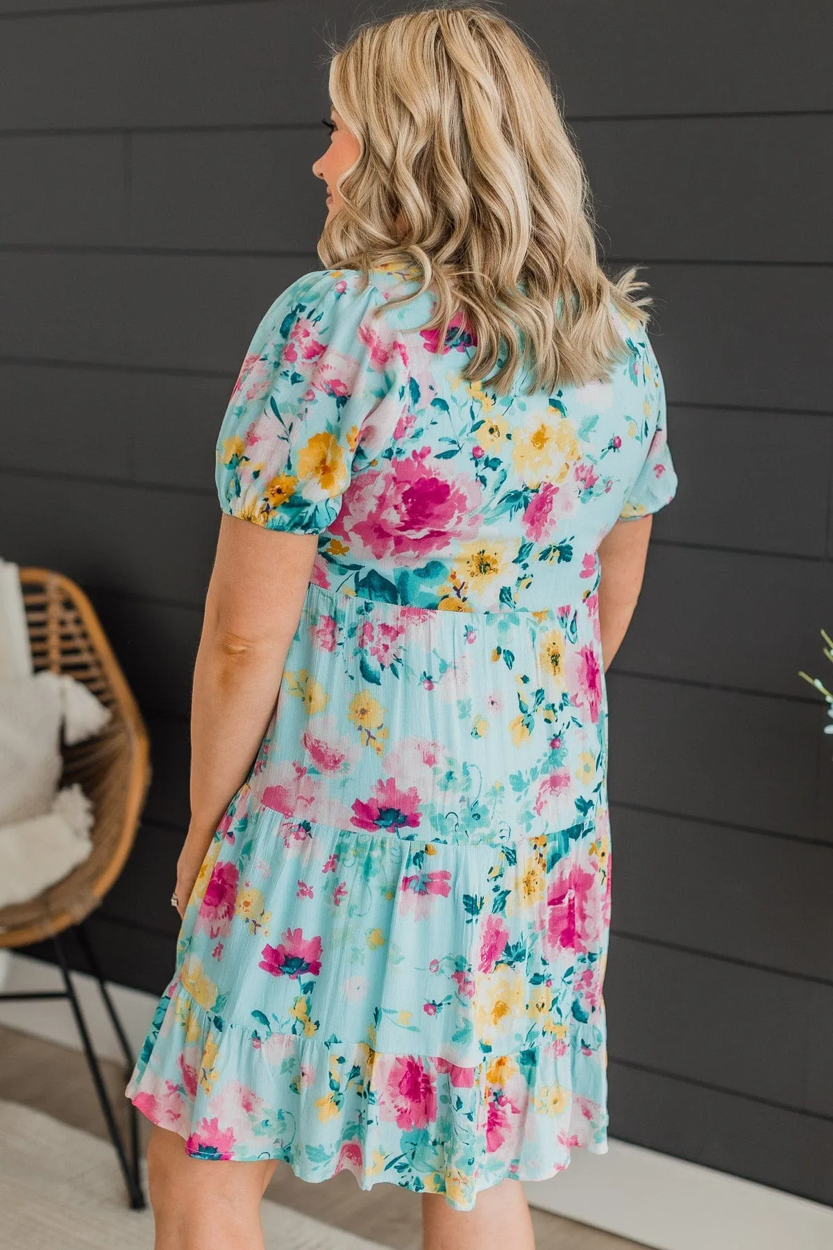 Steal You Away Tiered Floral Dress- Aqua Blue