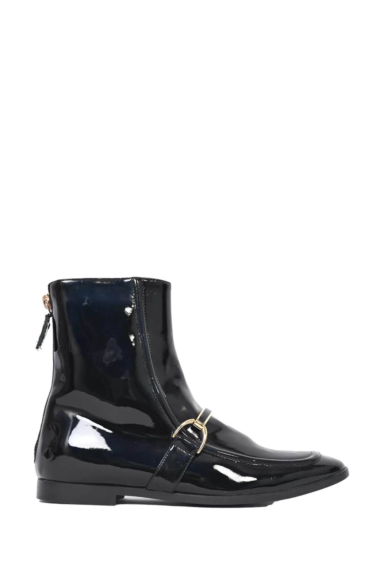 Stella McCartney Black Patent Gold Buckle Zip-Up Ankle Boot Size 36