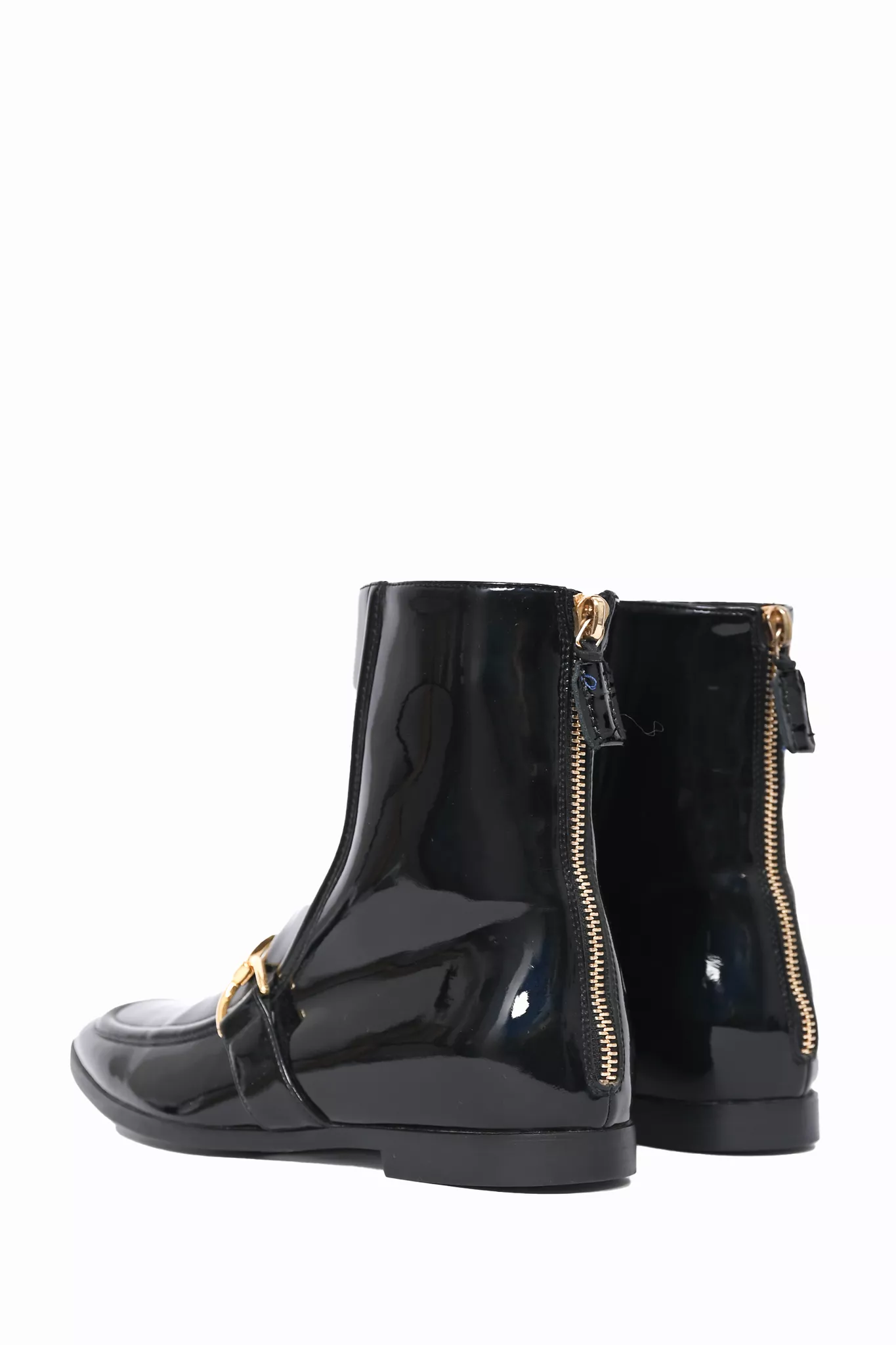 Stella McCartney Black Patent Gold Buckle Zip-Up Ankle Boot Size 36