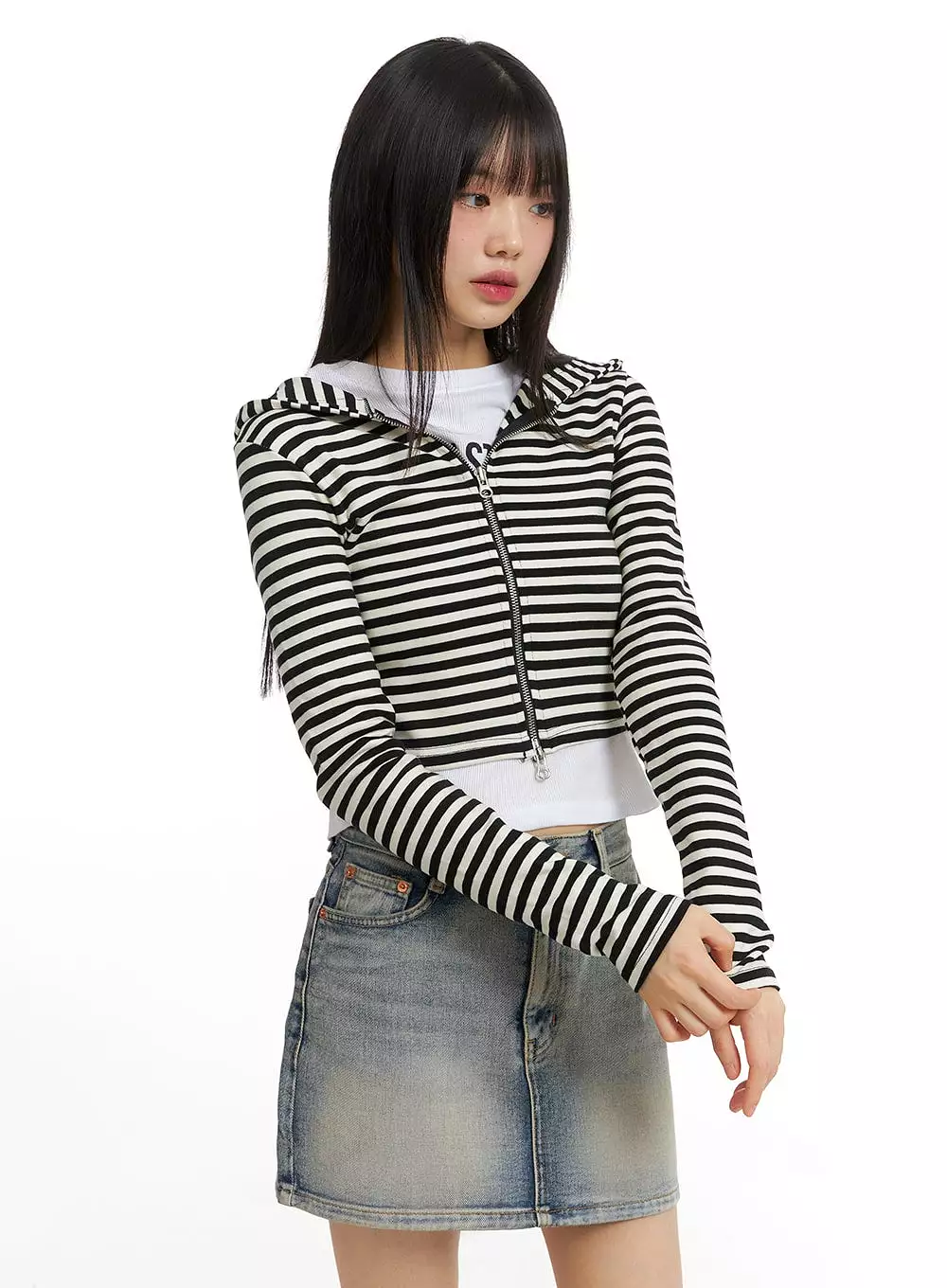 Stripe Hooded Crop Zip-Up Top CJ412